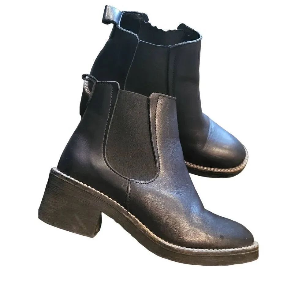 Depp Asos Boots Women's 6 Black Leather Pull On Chelsea Block Heel 90s Spain